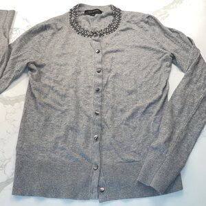 Ann Taylor Grey Sweater Gray Jeweled Neck Cardigan pearl like buttons size S